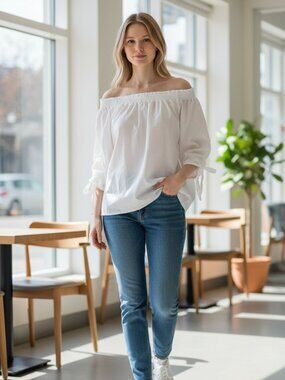 L.O.G.G. by H&M White Off Shoulder Peasant Top Size 4